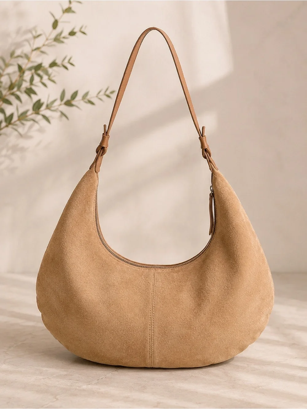 GENICCI Tan Suede Crescent Hobo Bag Slouchy Boho Shoulder Purse Large